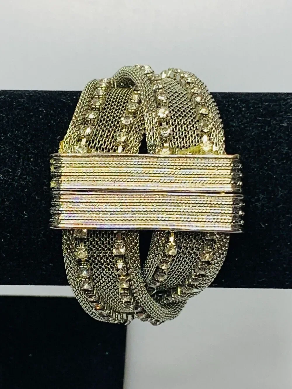 Silver Metal Mesh Bracelet with Rhinestones, Magnetic Clasp